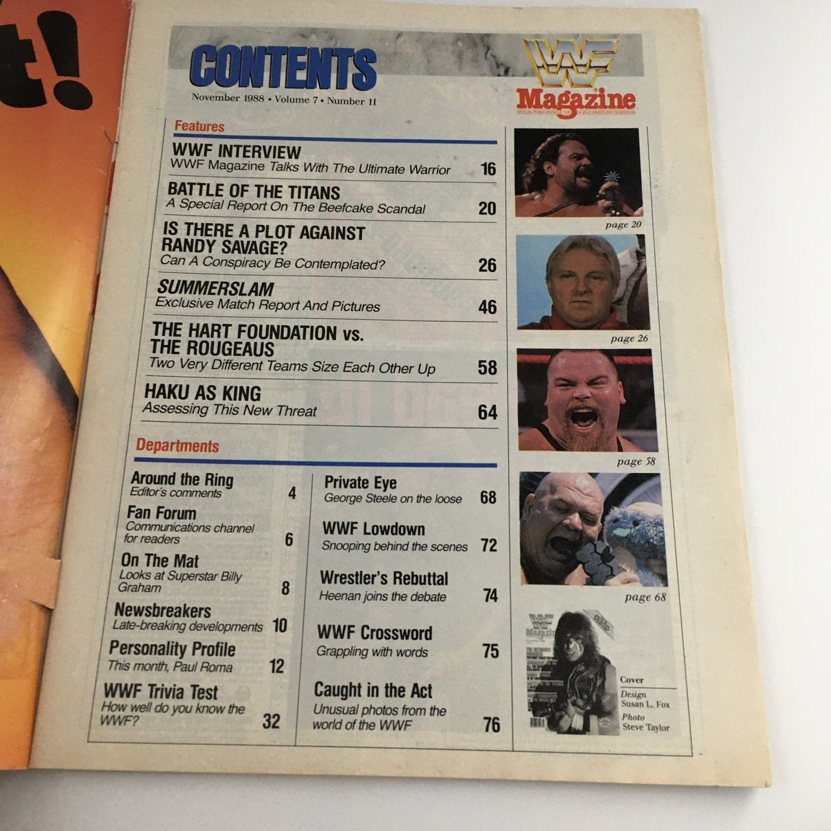 WWF Magazine November 1988 Contents Page featuring Randy Savage and The Hart Foundation vs The Rougeaus, showcasing articles and highlights from the wrestling world.