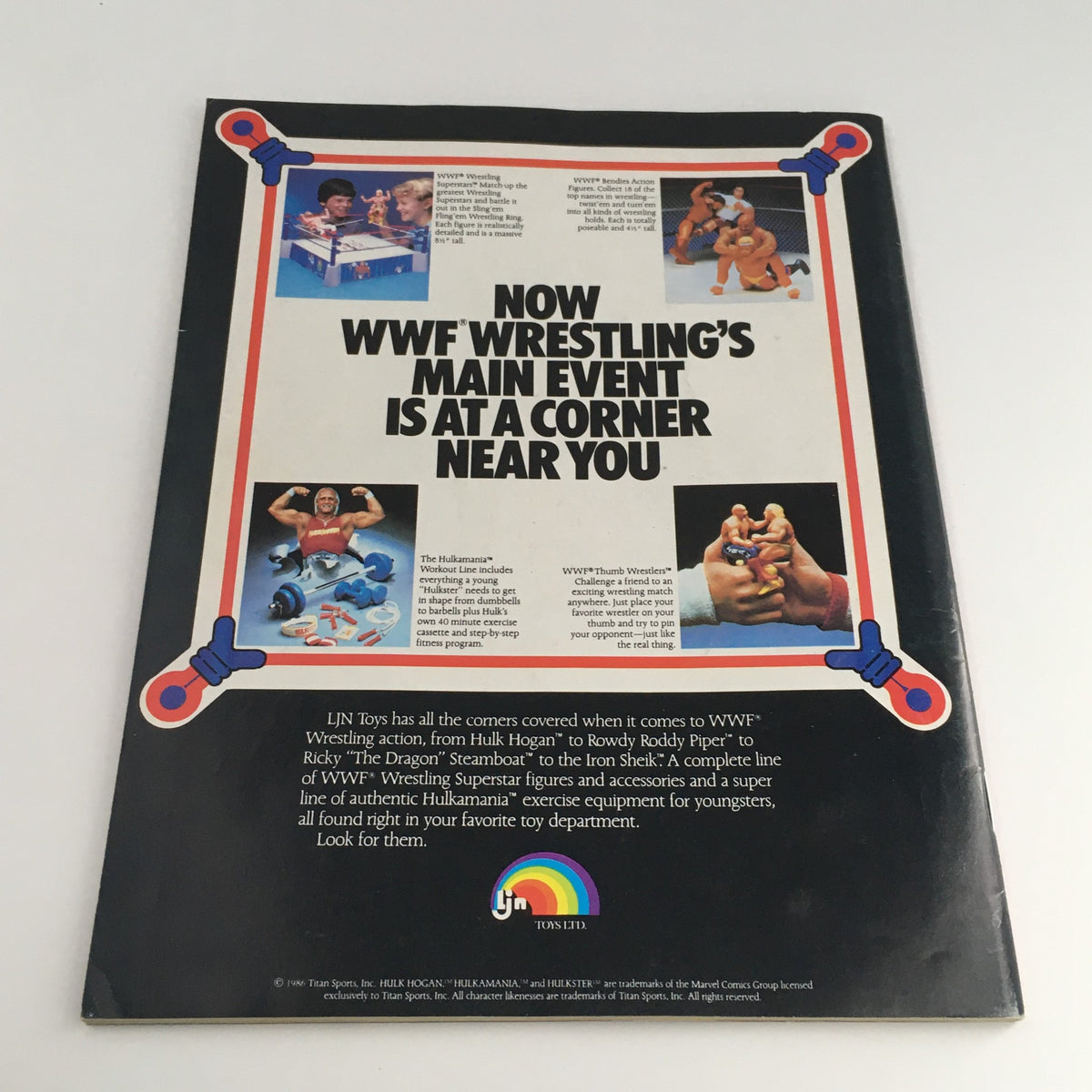 Back cover of WWF Magazine October 1987 promoting WWF wrestling toys and merchandise, featuring images of wrestling figures and equipment.