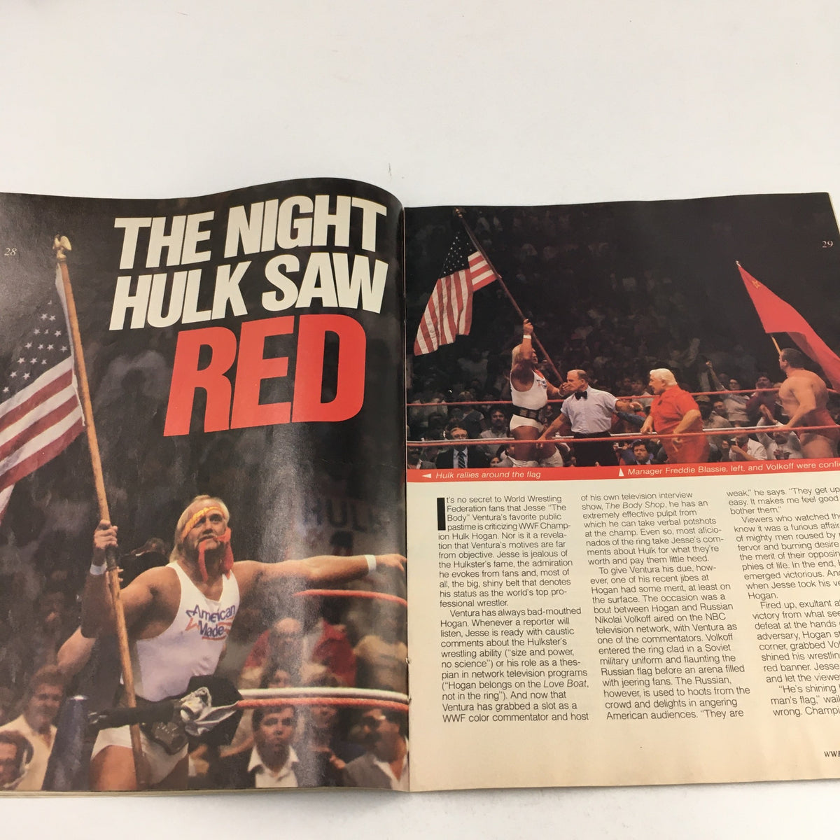 Another inside page of WWF Magazine February-March 1986 displaying the article 'The Night Hulk Saw Red' with Hulk Hogan waving the American flag in an iconic wrestling moment.