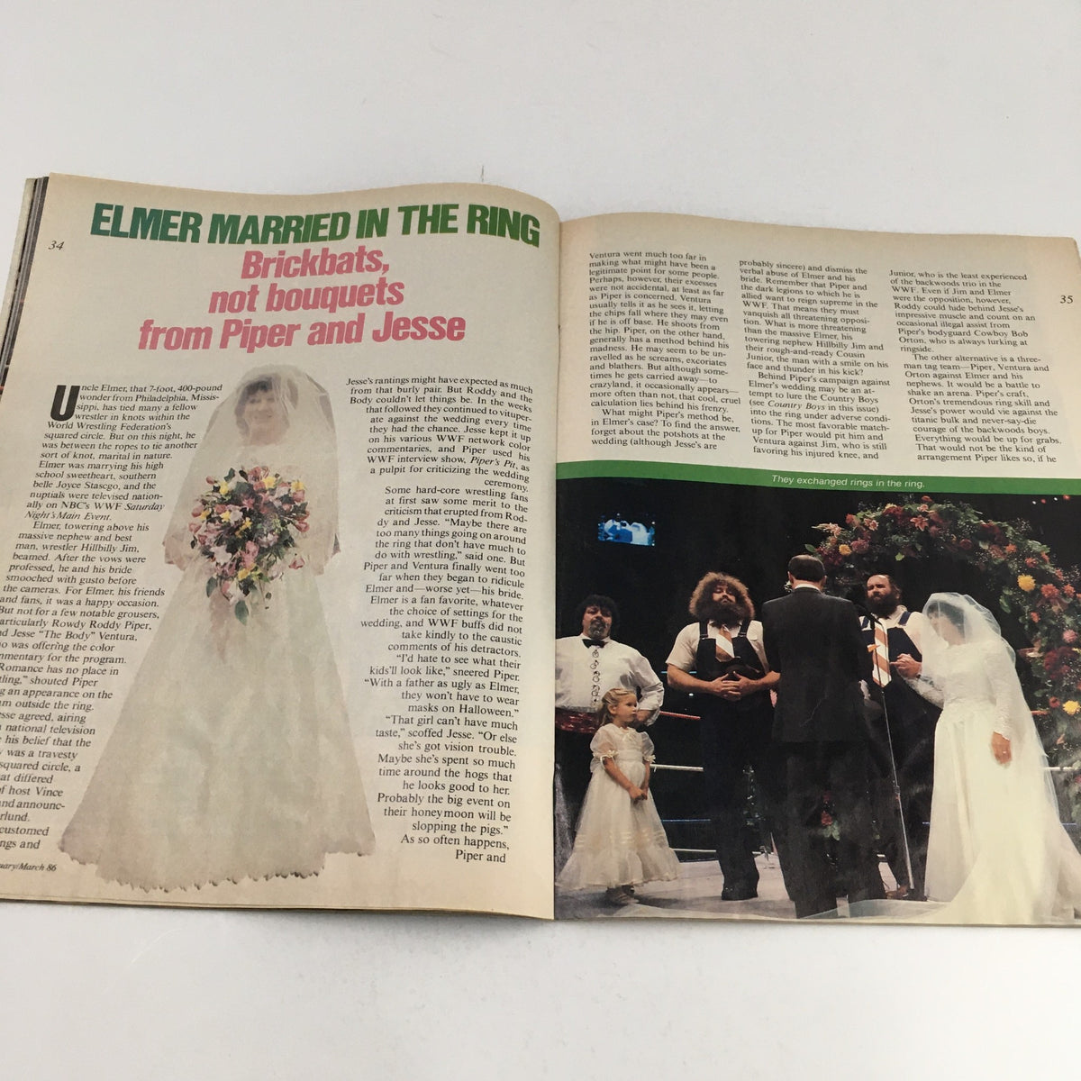 WWF Magazine February-March 1986 features a wedding scene with Elmer, Piper, and Jesse, highlighting the theatrical aspects of professional wrestling.