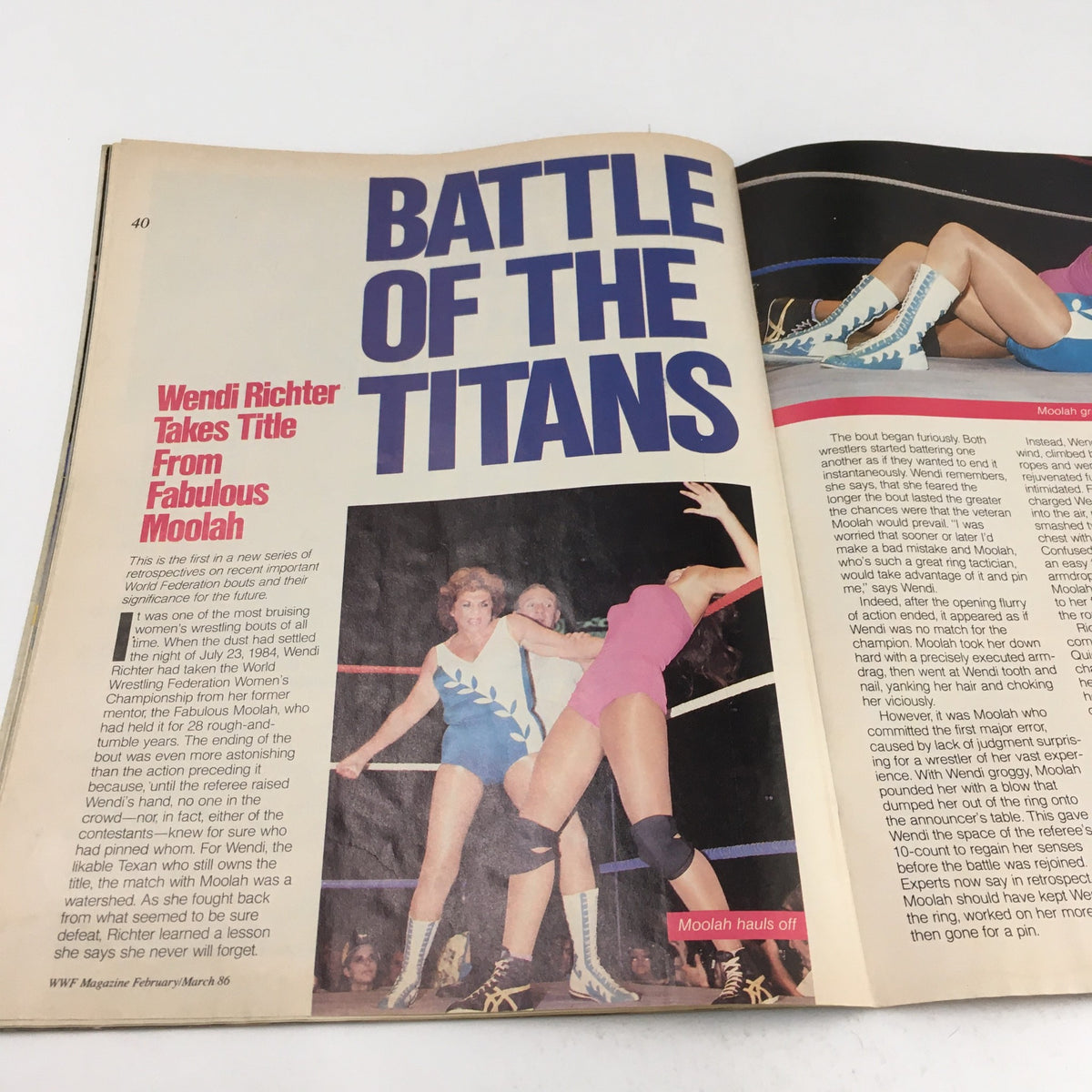 WWF Magazine February-March 1986 showcases Wendi Richter competing against Fabulous Moolah in a wrestling match titled 'Battle of the Titans', capturing the intensity of women's wrestling.
