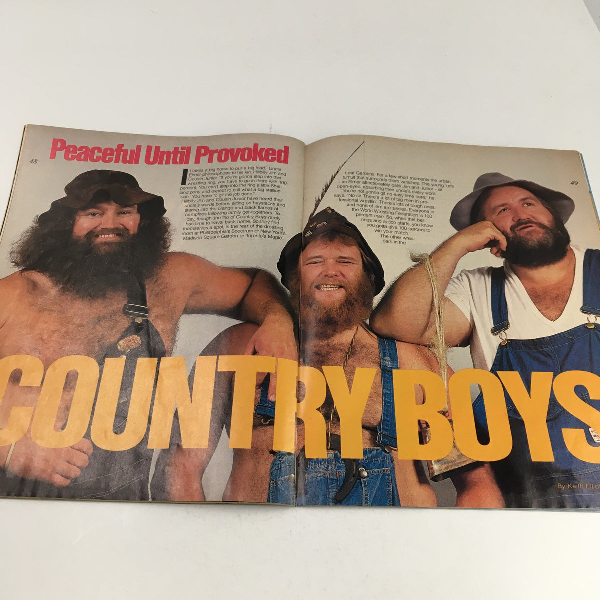 WWF Magazine February-March 1986 presents an article on the wrestling group called 'Country Boys', depicting their playful and humorous personas.