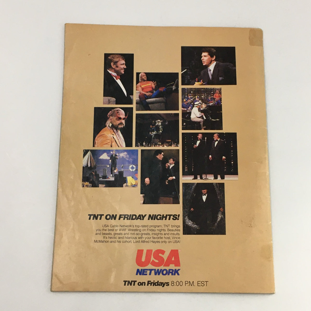 WWF Magazine February-March 1986 back cover features promotional visuals for the USA Network's TNT Fridays program, highlighting wrestling and entertainment events.