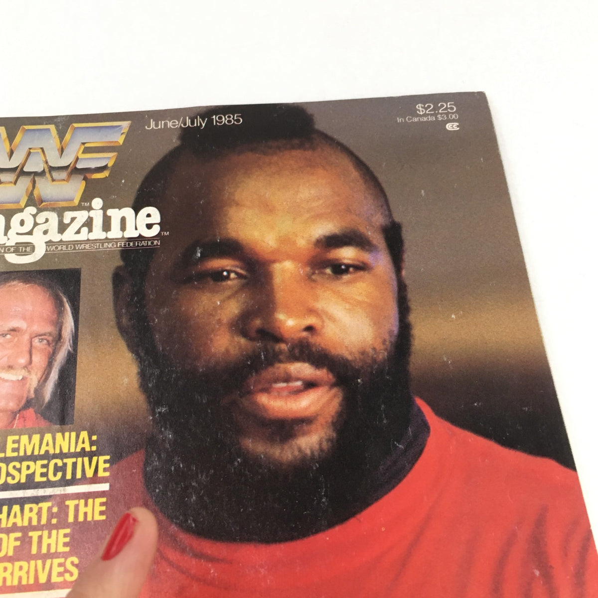 WWF Magazine June-July 1985 featuring Mr. T on the cover, highlighting Hulk Hogan, Mr. T, and Jimmy Hart, showcasing retro wrestling nostalgia.