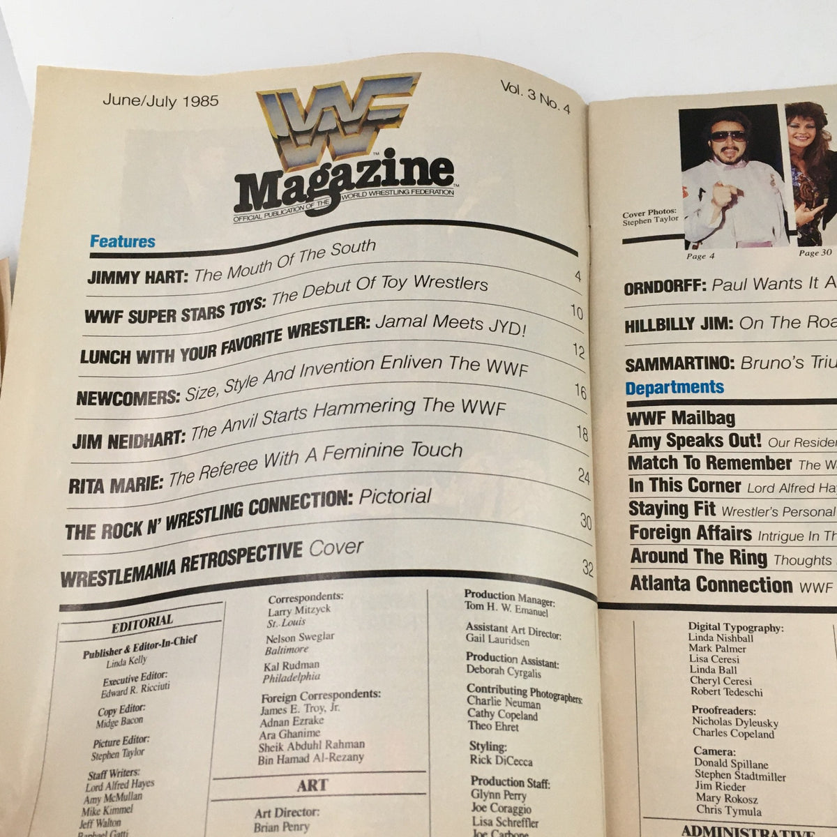 Inside page of WWF Magazine June-July 1985 displaying the contents with details about featured articles and personalities like Jimmy Hart and WWF Superstars.