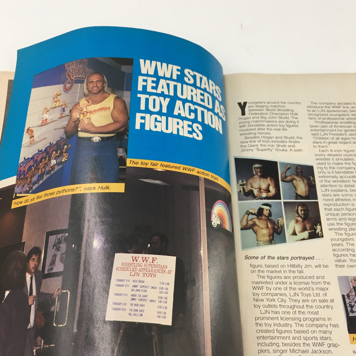 Article from WWF Magazine June-July 1985 discussing WWF action figures with Hulk Hogan, capturing a moment in wrestling merchandise history.