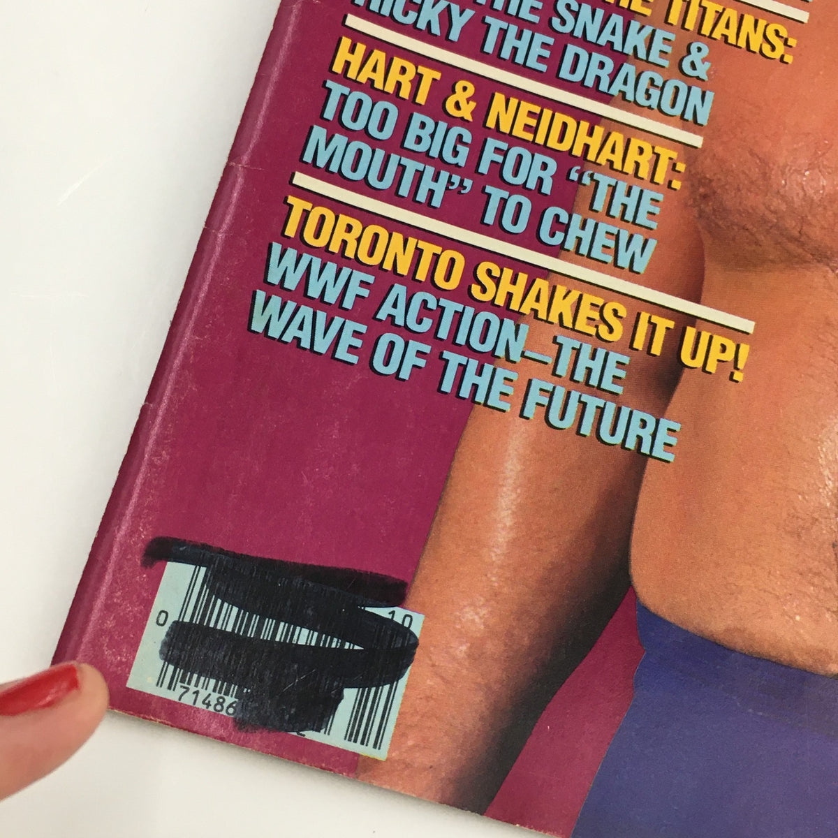 Close-up of the barcode on the WWF Magazine December 1986 cover featuring Roddy Piper, showcasing the magazine's vintage authenticity.