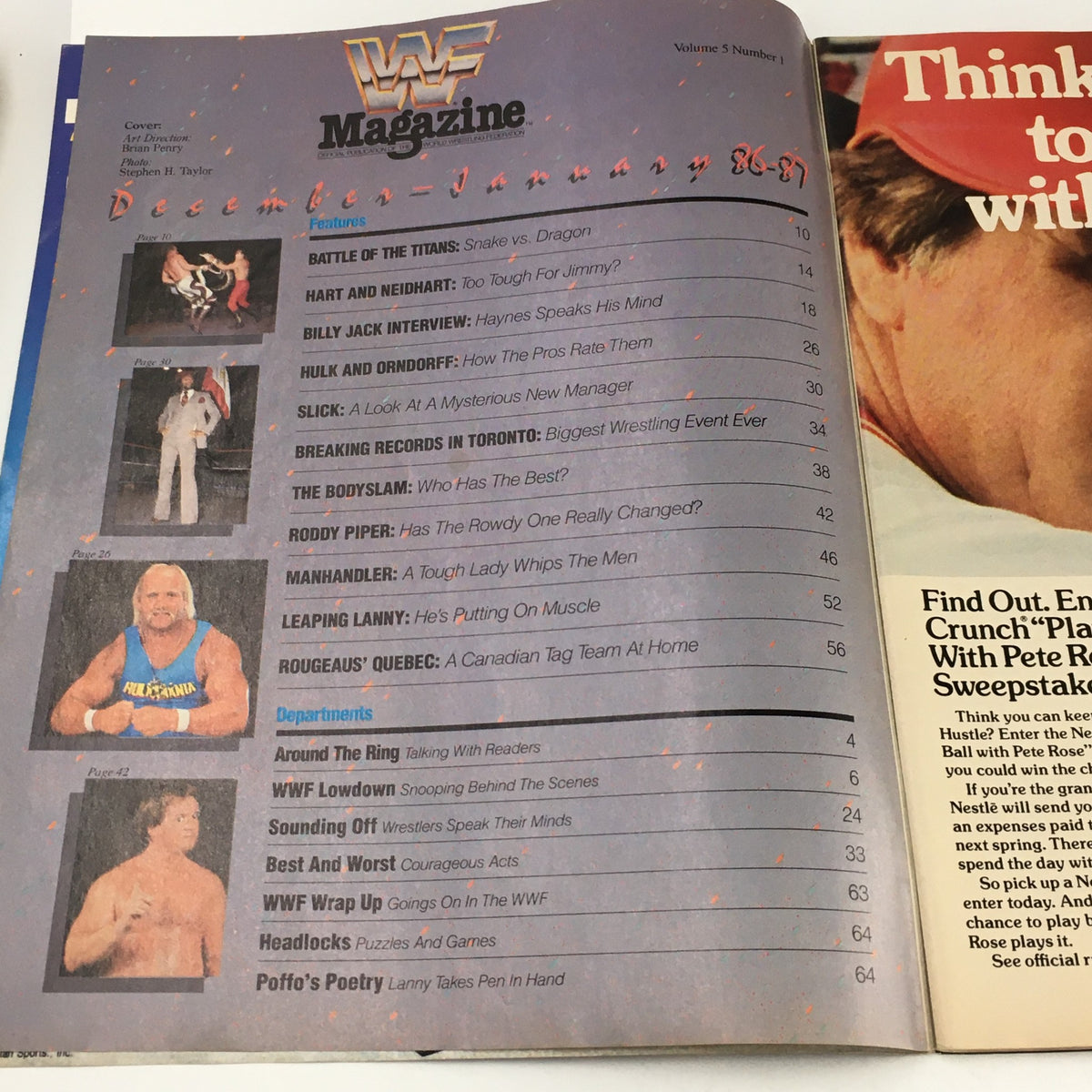 Inside page of WWF Magazine December 1986 detailing various articles and features including Roddy Piper and wrestling highlights from the era.