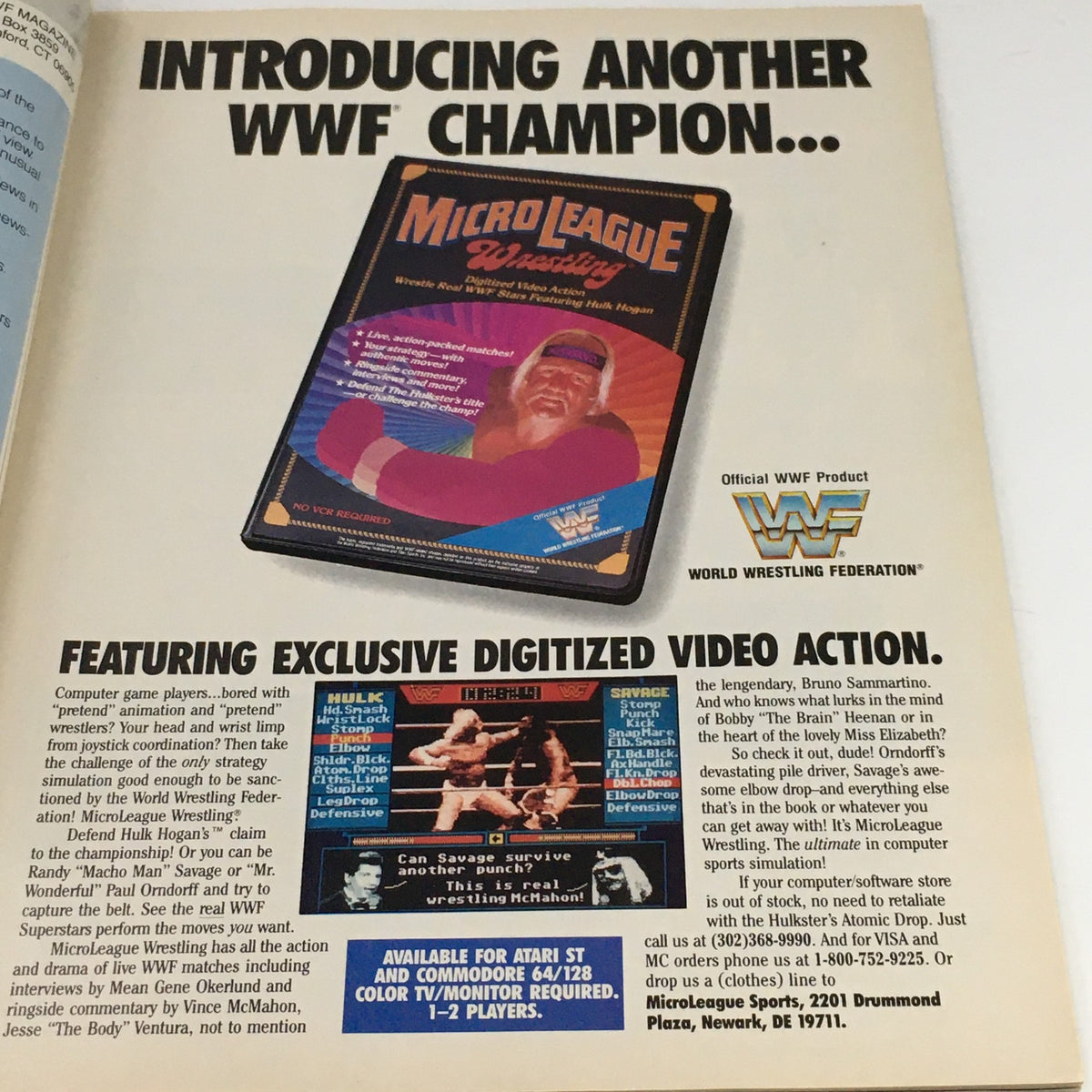 Advertisement in WWF Magazine November 1987 introducing 'Micro League Wrestling' video game, featuring Hulk Hogan and promoting exclusive WWF content.