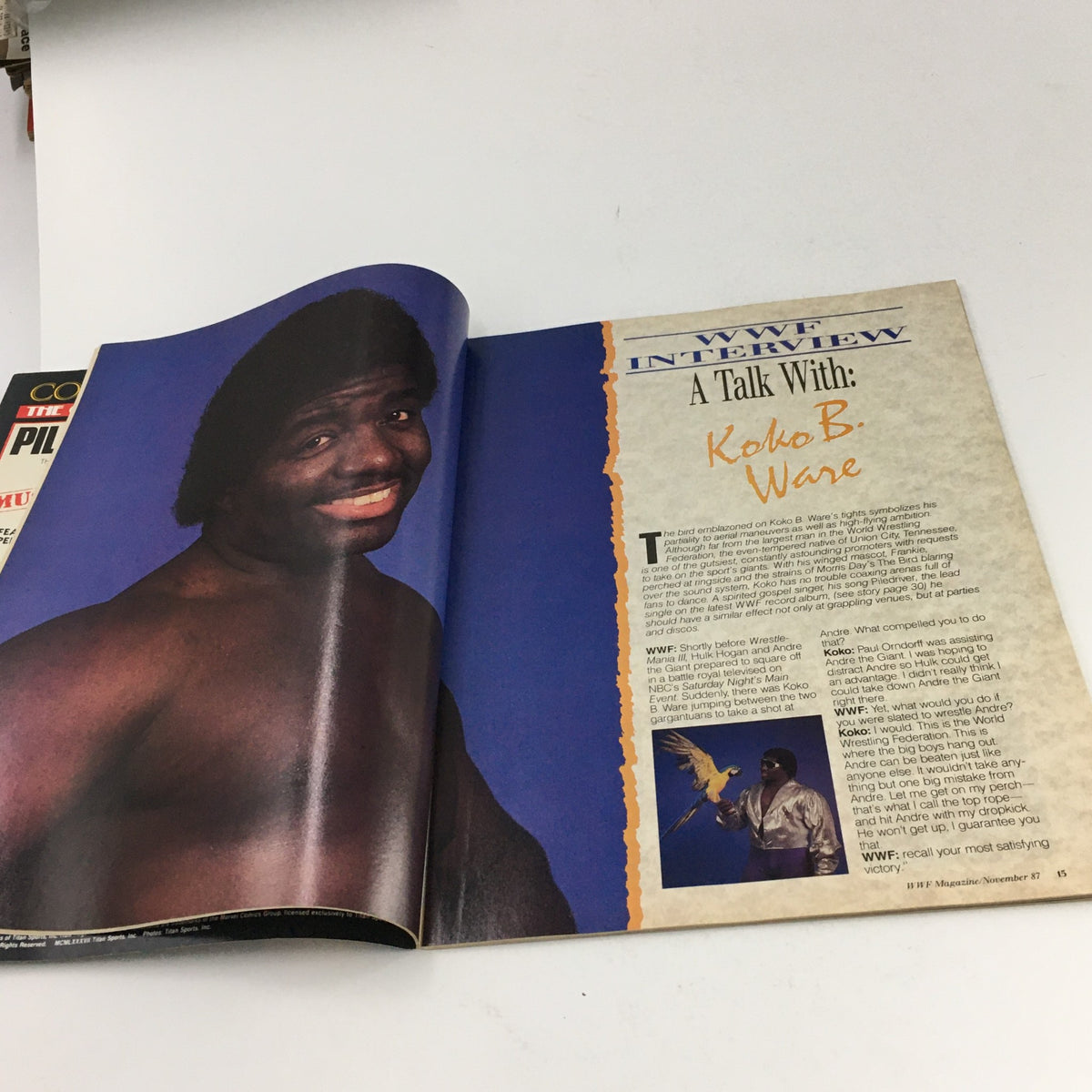 WWF Magazine November 1987 featuring an interview with Koko B. Ware, showcasing his bright smile and iconic hairstyle.