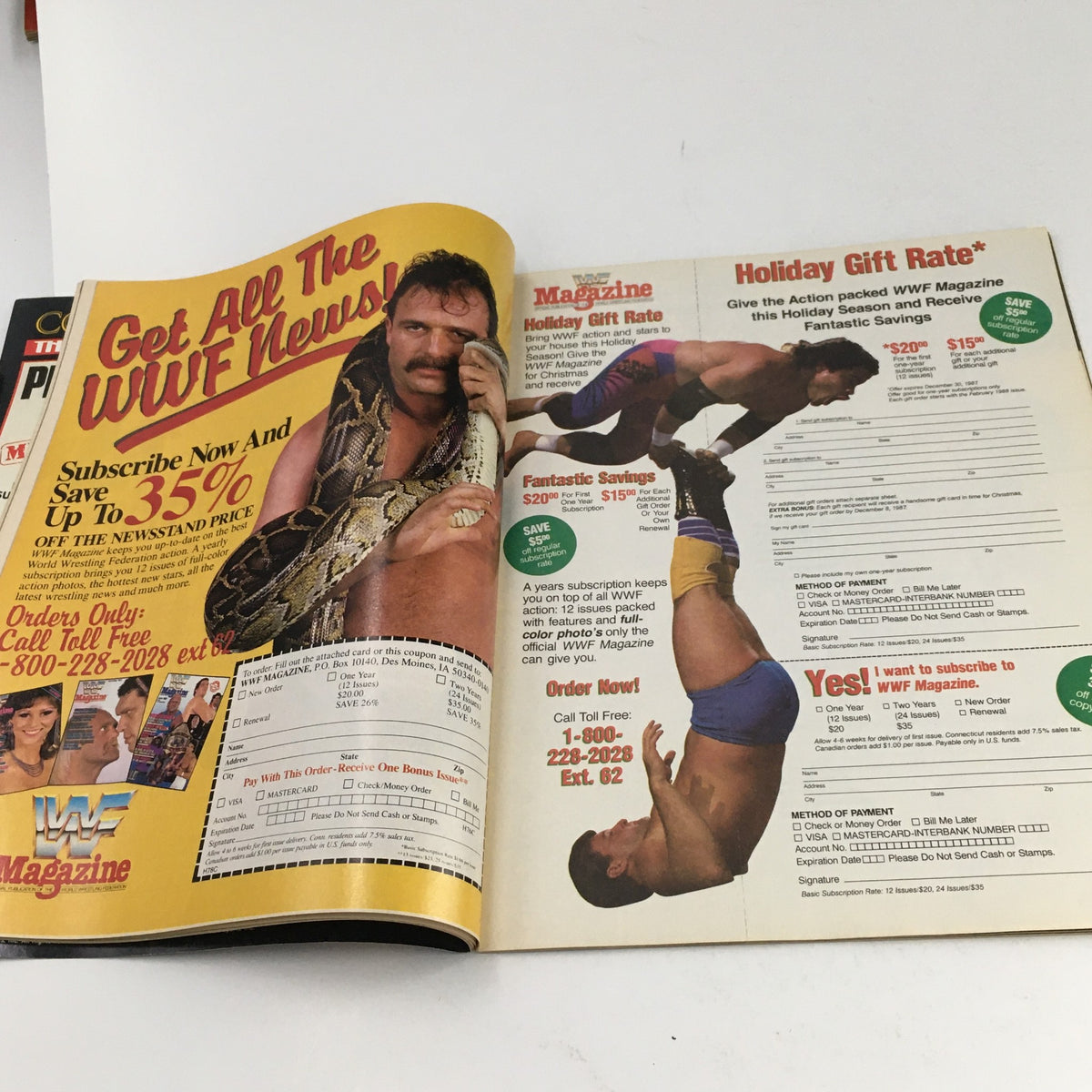 WWF Magazine November 1987 including subscription offers and promotions for wrestling fans, featuring a promotional image of a wrestler with a snake.