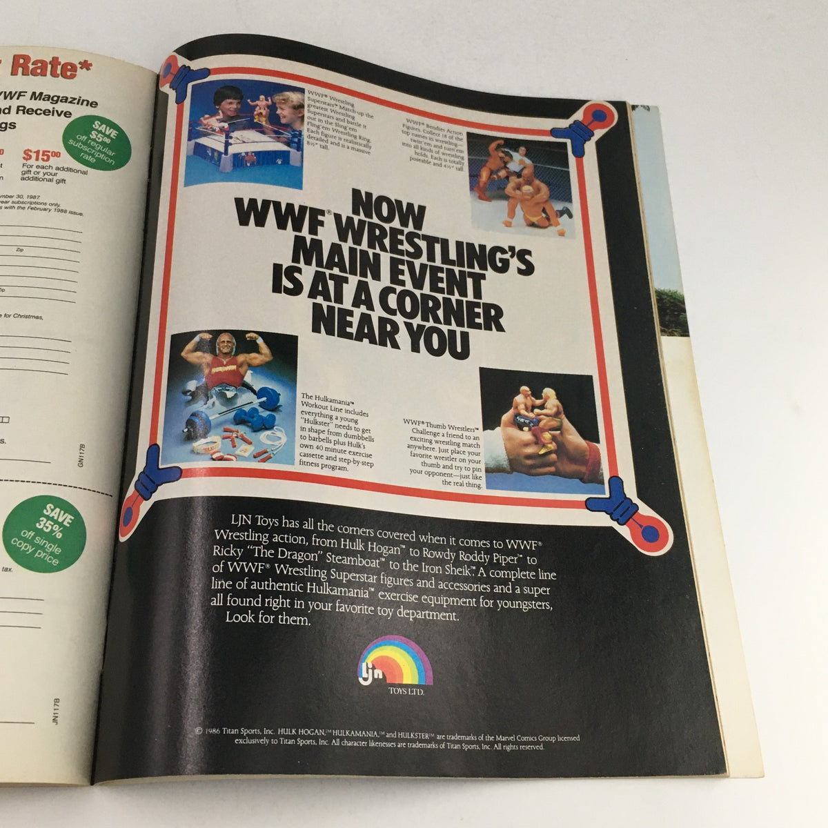 WWF Magazine November 1987 highlighting LJN toy advertisements featuring wrestling figures and games, focusing on Hulk Hogan's merchandise.