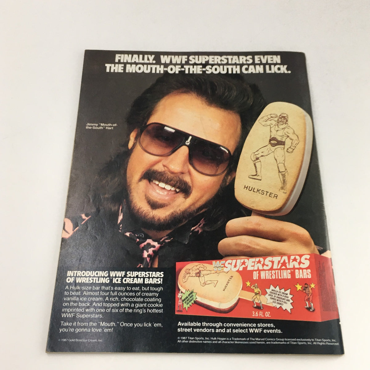 WWF Magazine November 1987 featuring an advertisement for WWF ice cream bars, showcasing Jimmy 'Mouth-of-the-South' Hart with a signature dessert.