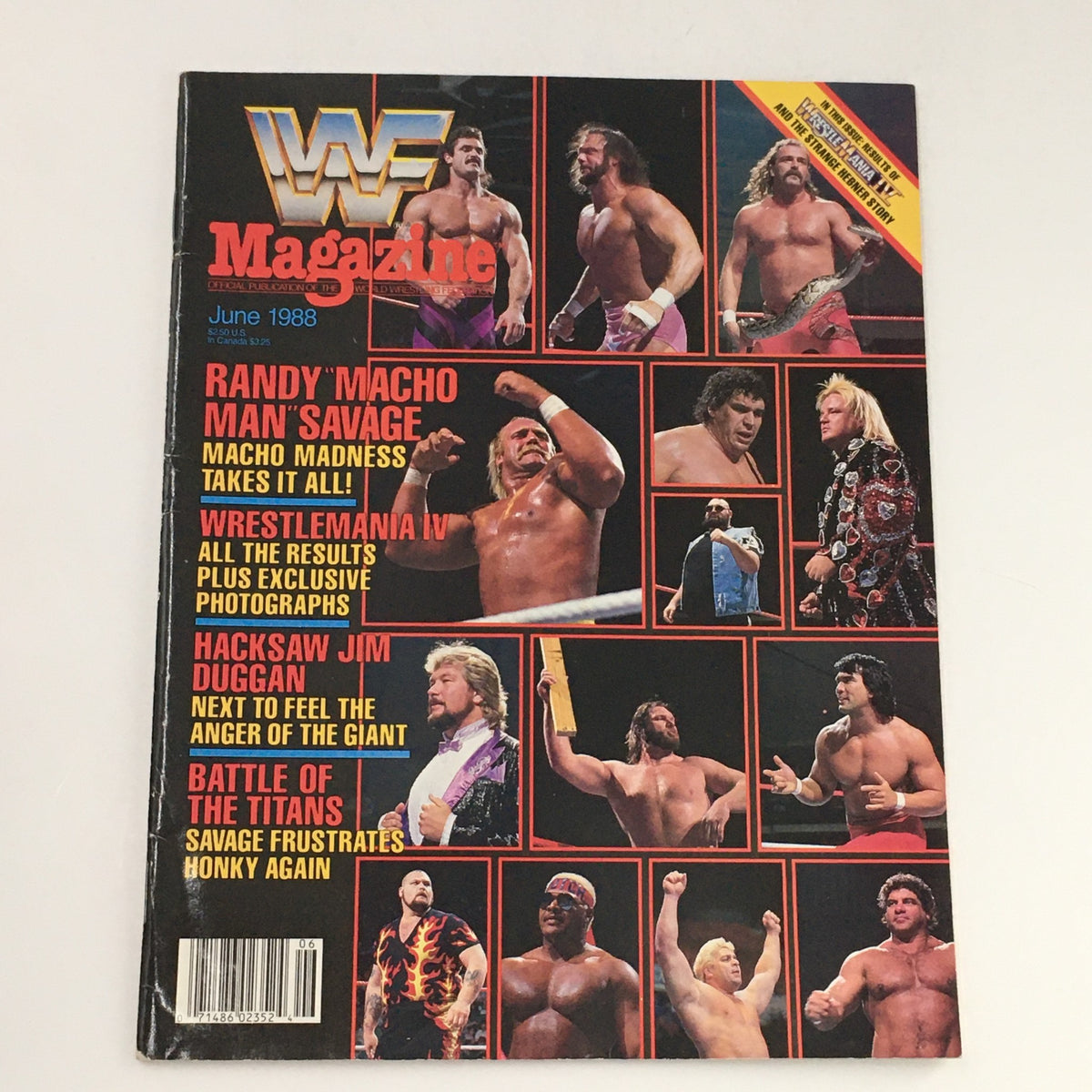 WWF Magazine June 1988 cover featuring Randy Savage, Andre The Giant, and Jim Duggan, highlighting iconic wrestling moments of the era.