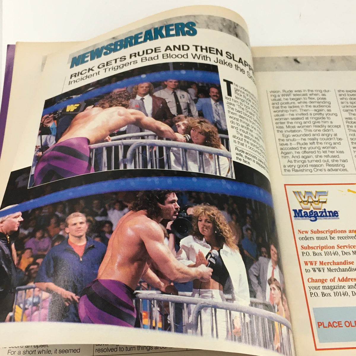 WWF Magazine June 1988 image featuring a wrestling incident involving Rick Rude, showcasing the dramatic moment with the audience and media.