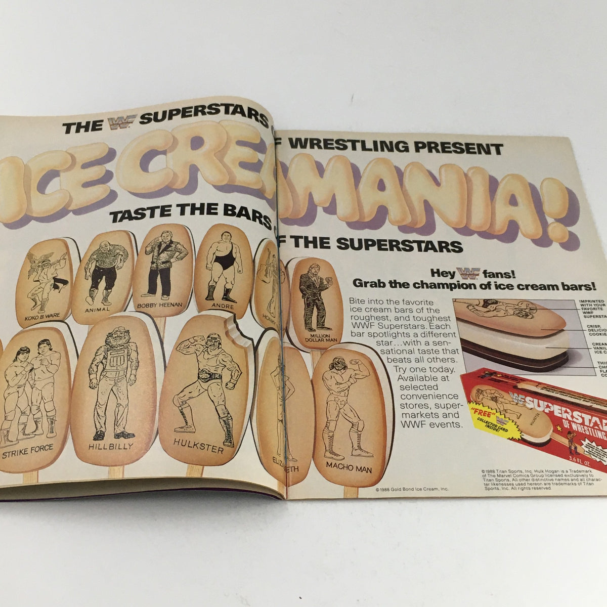 WWF Magazine June 1988 advertisement for Ice Cream Bars featuring various WWF Superstars, promoting fan engagement with wrestling-themed treats.