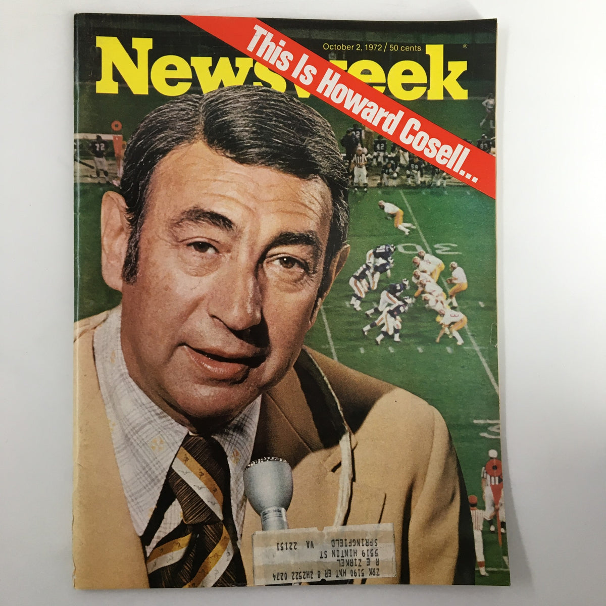 VTG Newsweek Magazine from October 2, 1972, featuring Howard Cosell on the cover with a vibrant background of a football game. This vintage magazine is a unique collectible that showcases a pivotal moment in sports journalism.
