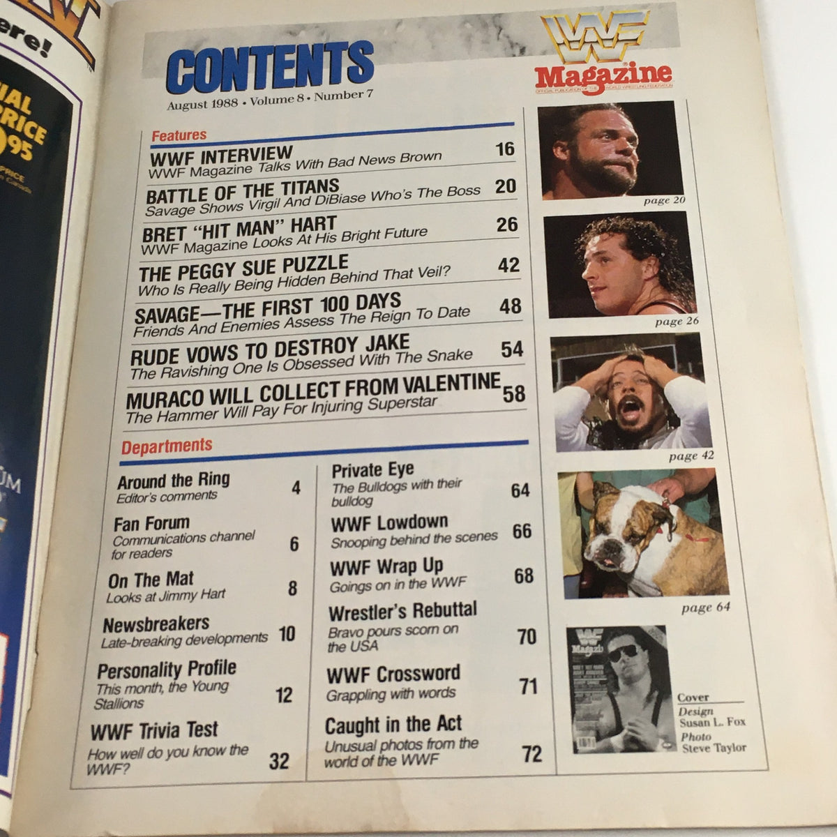 Contents page of WWF Magazine August 1988, detailing features on wrestling legends including Bret Hart and Randy Savage, highlighting articles and topics in this vintage wrestling publication.