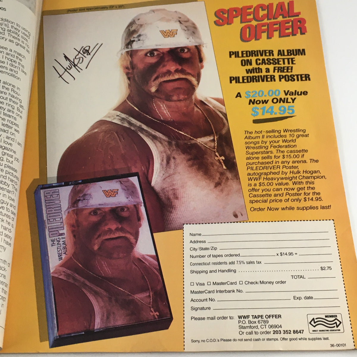 WWF Magazine August 1988 advertisement featuring hulking wrestler Hulk Hogan promoting the Piledriver Album with a free Piledriver poster, highlighting a special offer.