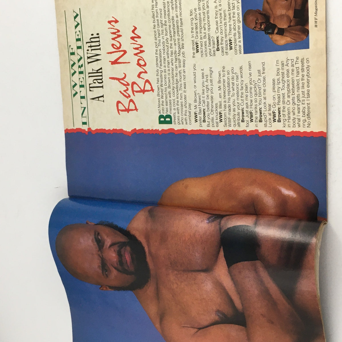 WWF Magazine August 1988 interview page featuring wrestler Bad News Brown, showcasing his intense look and insights into his wrestling career.