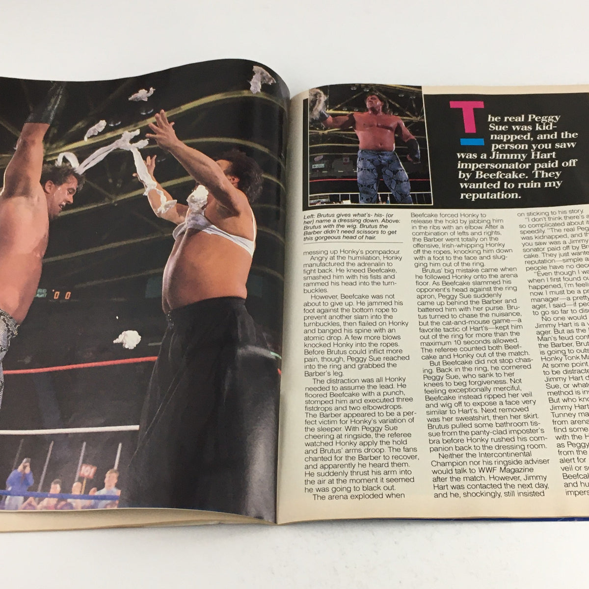 WWF Magazine August 1988 article depicting a wrestling match scene involving Brutus Beefcake and Honky Tonk Man, illustrating the dramatic events in the ring.