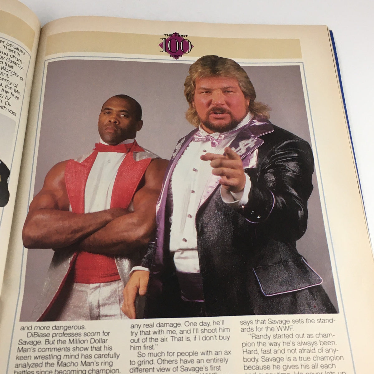 WWF Magazine August 1988 feature on wrestling personalities portraying Ted DiBiase with a discussion on Randy Savage's wrestling style and character.