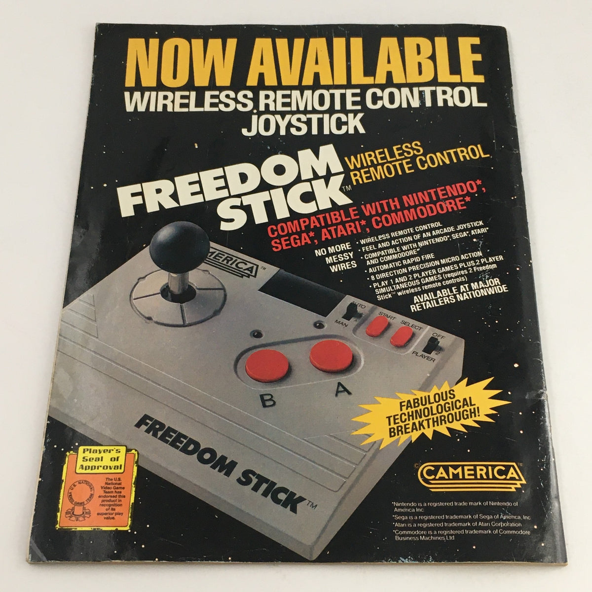 WWF Magazine August 1988 product advertisement for the Freedom Stick wireless remote control joystick, compatible with Nintendo, Sega, and Commodore, showcasing its features.