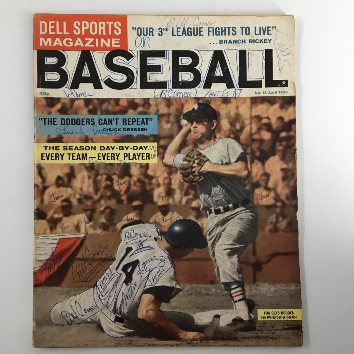 Vintage April 1960 Dell Sports Magazine featuring the cover story 'The Dodgers Can't Repeat'. The magazine showcases a baseball scene with a player pitching, along with several handwritten signatures, representing a piece of baseball history.