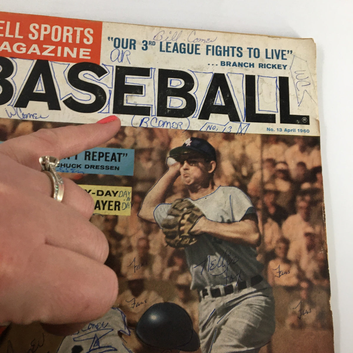 Cover of the VTG Dell Sports Magazine Baseball from April 1960 featuring the story 'The Dodgers Can't Repeat', showcasing a vintage baseball player emphasizing the era's nostalgia.