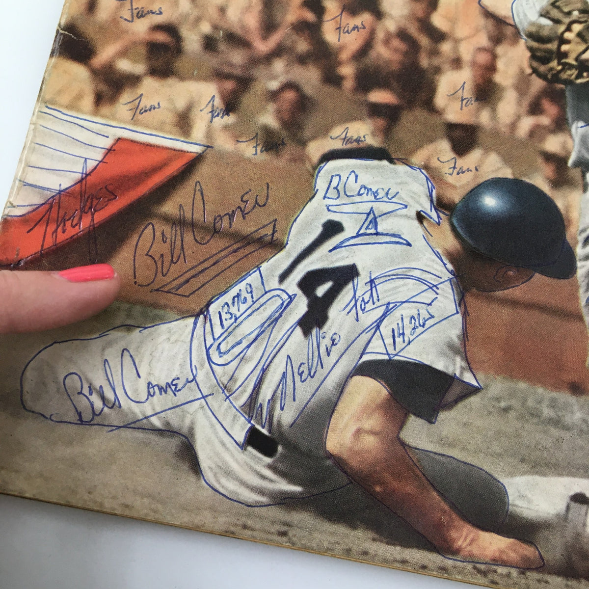 Close-up of the signatures on the cover of the VTG Dell Sports Magazine Baseball April 1960, highlighting the handwritten notes of fans alongside the captivating imagery.