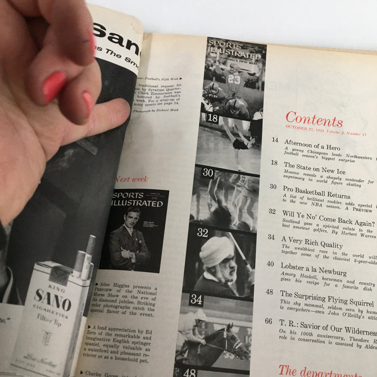 Interior page of the Sports Illustrated Magazine from October 27, 1958, featuring the contents list with photographs, showcasing the insights into football's fifth week.