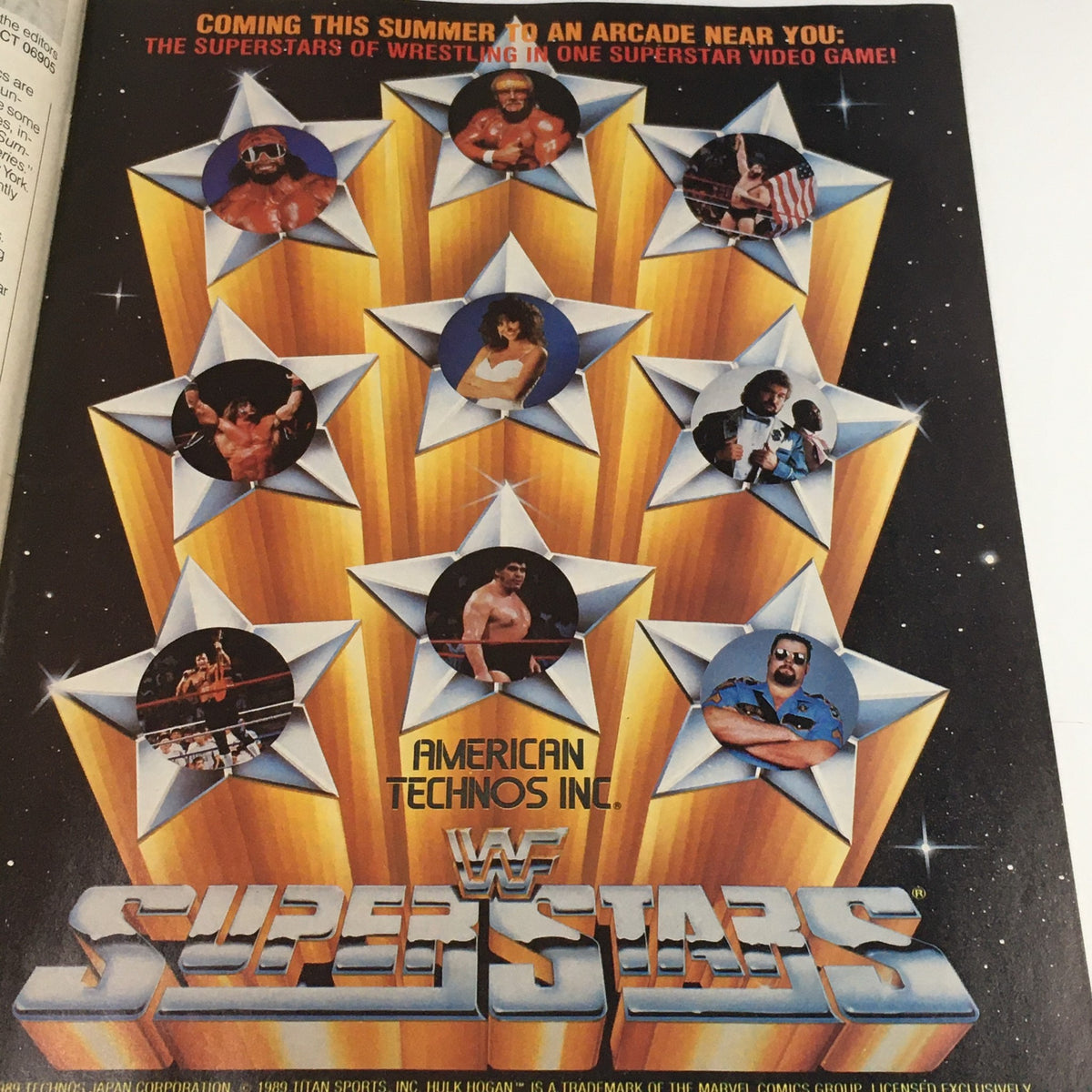 Advertisement for WWF Superstars arcade game from WWF Magazine July 1989, showcasing popular wrestling personalities in a colorful star-studded design.