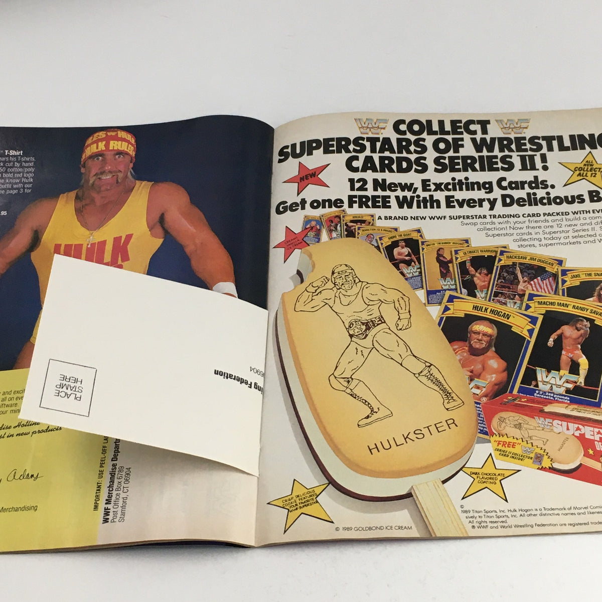 WWF Magazine July 1989 featuring Hulk Hogan promoting wrestling cards and merchandise with vibrant visuals.