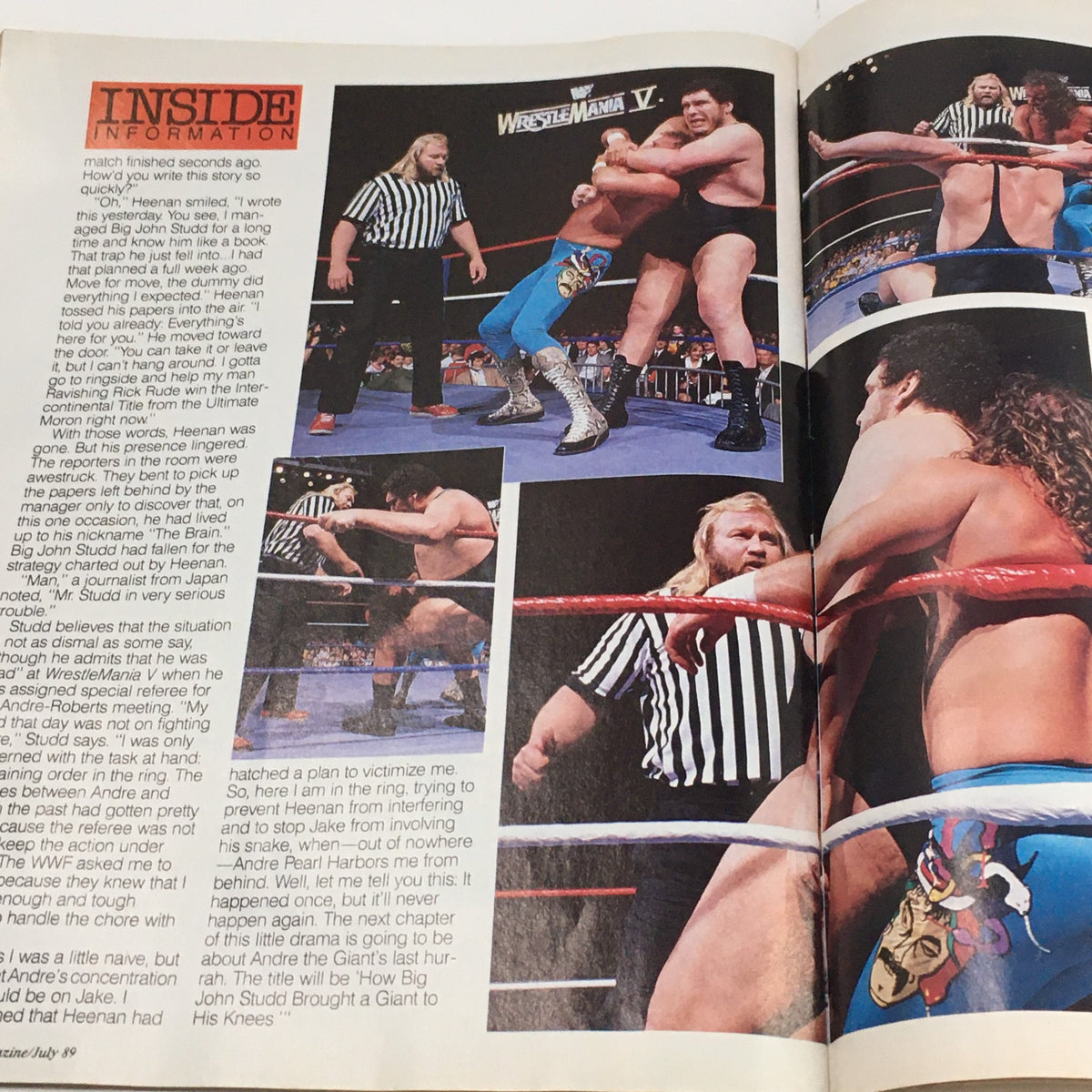 WWF Magazine July 1989 showcasing wrestling action from WrestleMania V with Andrew the Giant and other wrestlers, illustrating the drama of professional wrestling.