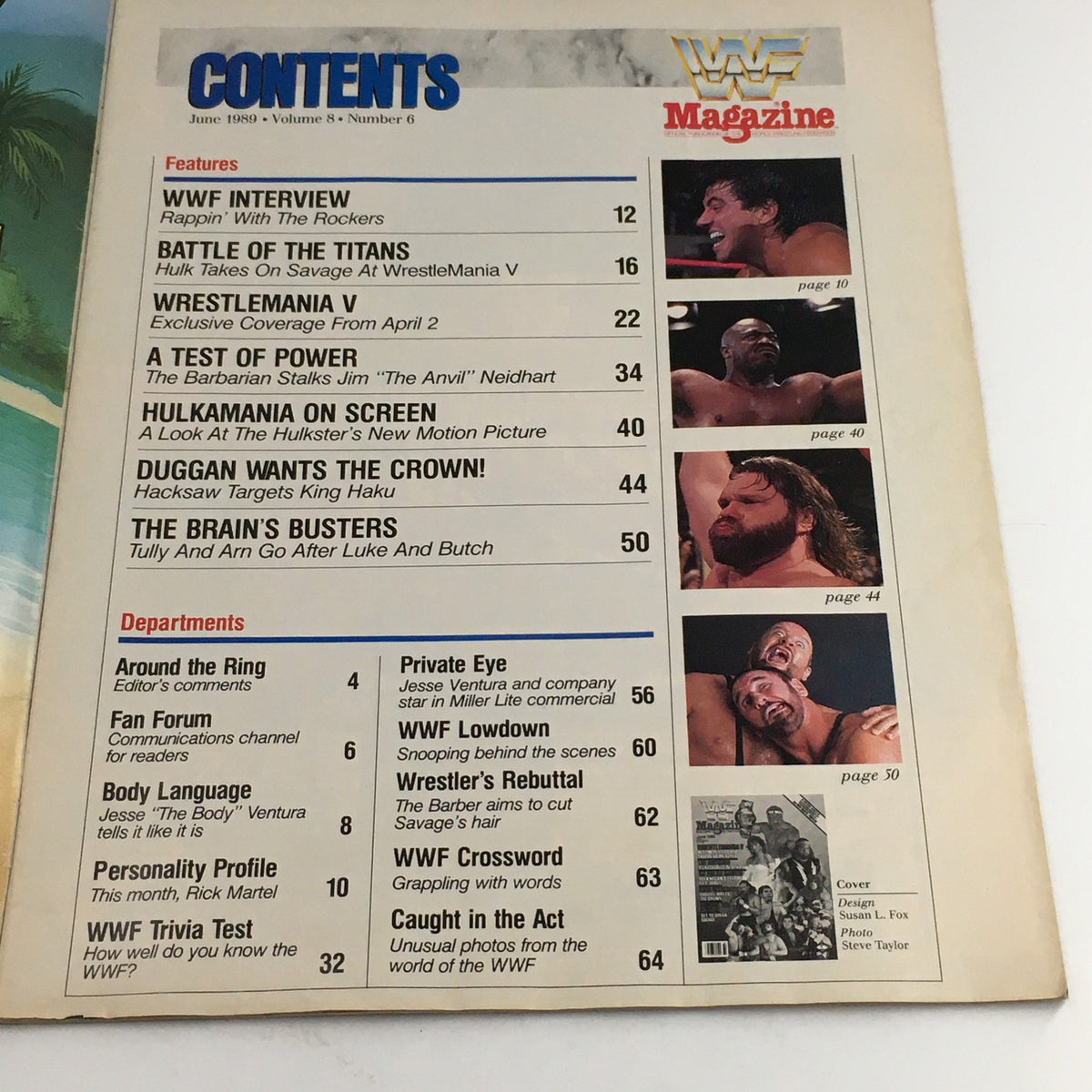 Table of contents from WWF Magazine June 1989 listing features like WrestleMania V and interviews with The Rockers.