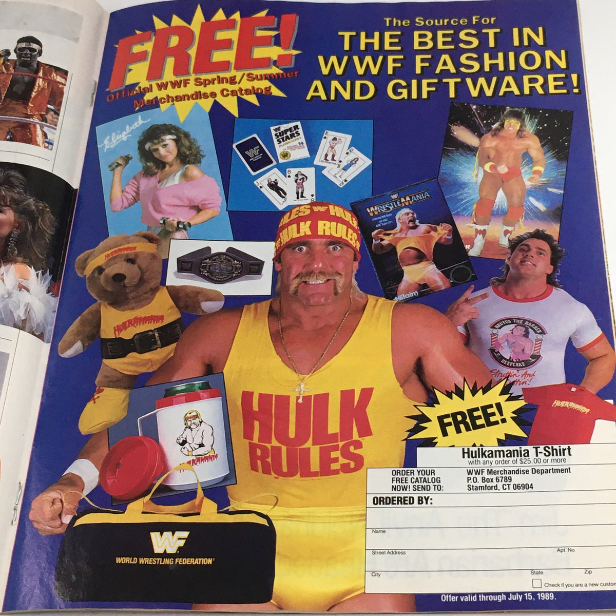 Promotional page in WWF Magazine June 1989 showcasing WWF merchandise with Hulk Hogan, highlighting gift options for fans.