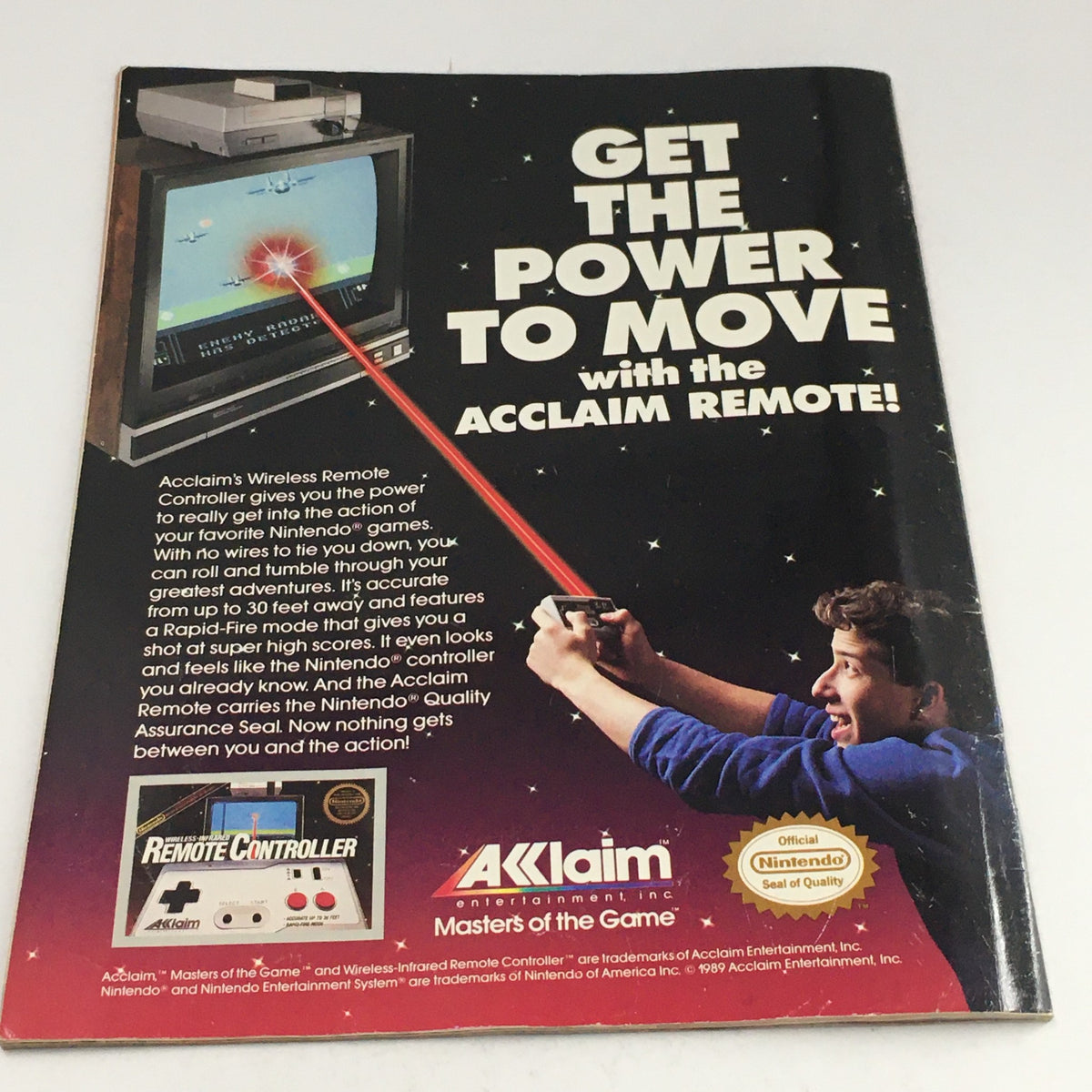 WWF Magazine June 1989 advertisement for Acclaim Remote, promoting its wireless controller for Nintendo games, emphasizing freedom and accuracy in gaming. A nostalgic piece of gaming history.