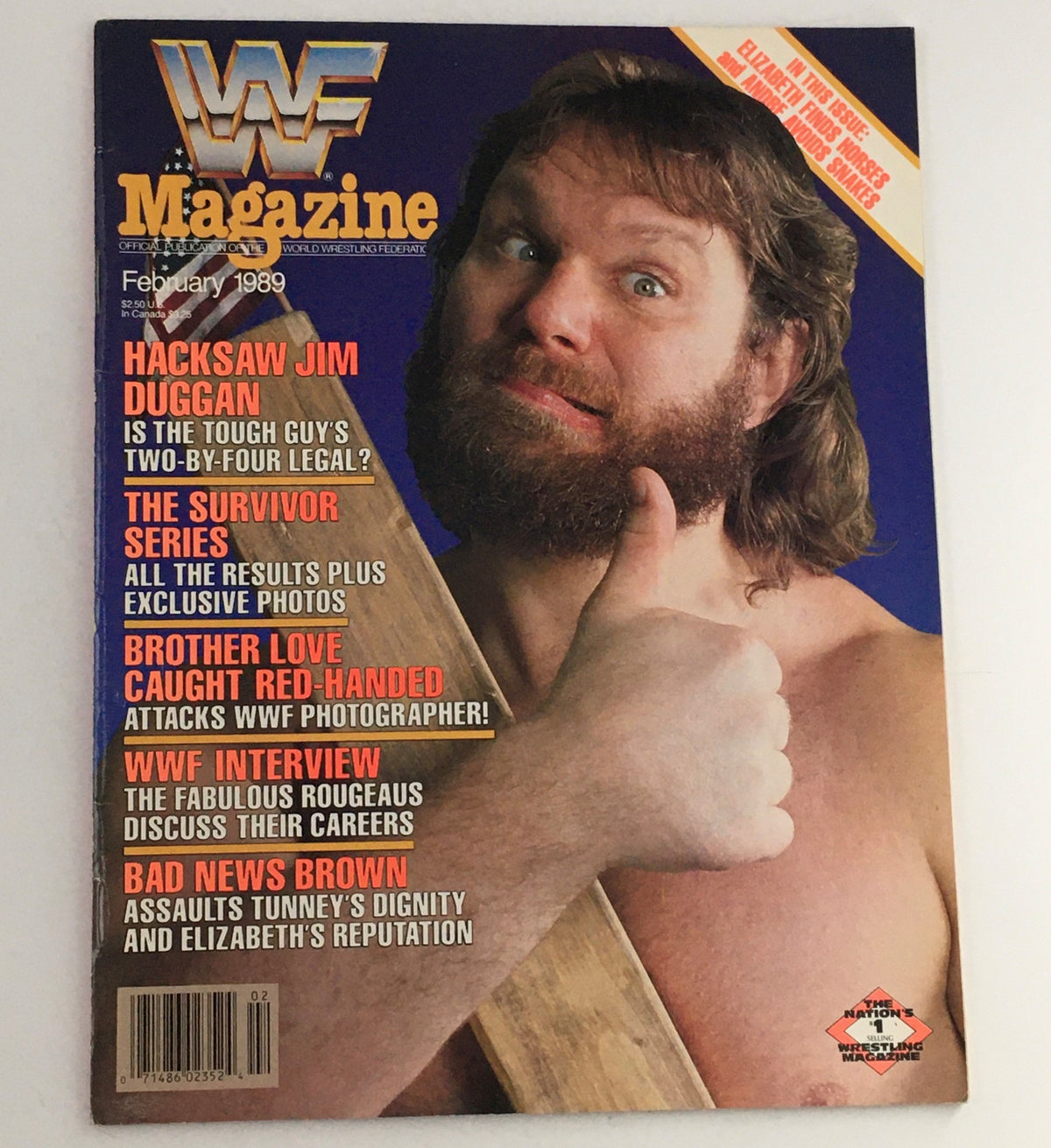WWF Magazine February 1989 cover featuring Hacksaw Jim Duggan with a thumbs up, showcasing his iconic look and promotional content related to wrestling events.