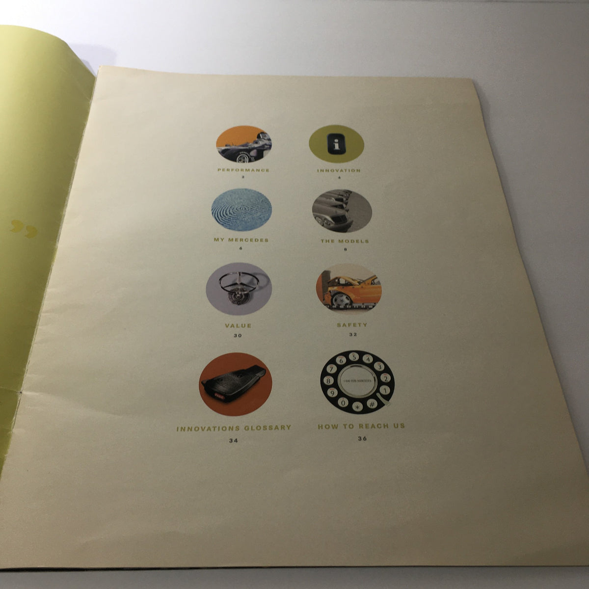 Inside page of the 2000 Mercedes-Benz CLK-Class S-Class Dealership Catalog Brochure displaying sections on performance, innovation, models, and safety.