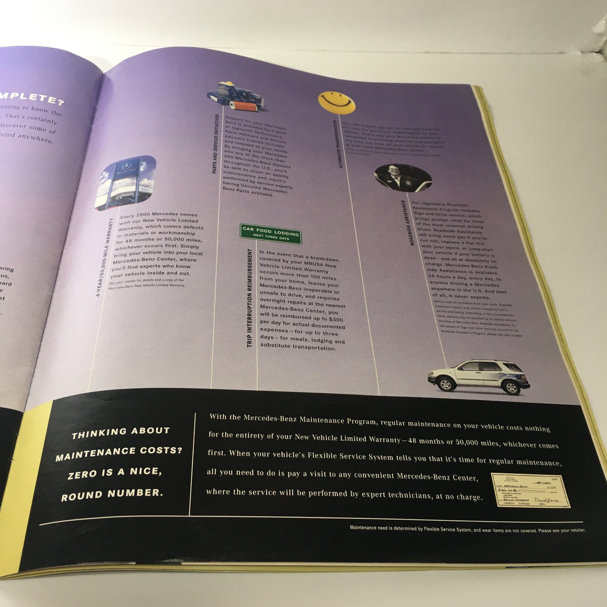 2000 Mercedes-Benz CLK-Class S-Class Dealership Catalog Brochure page detailing maintenance options and programs for Mercedes-Benz vehicles.