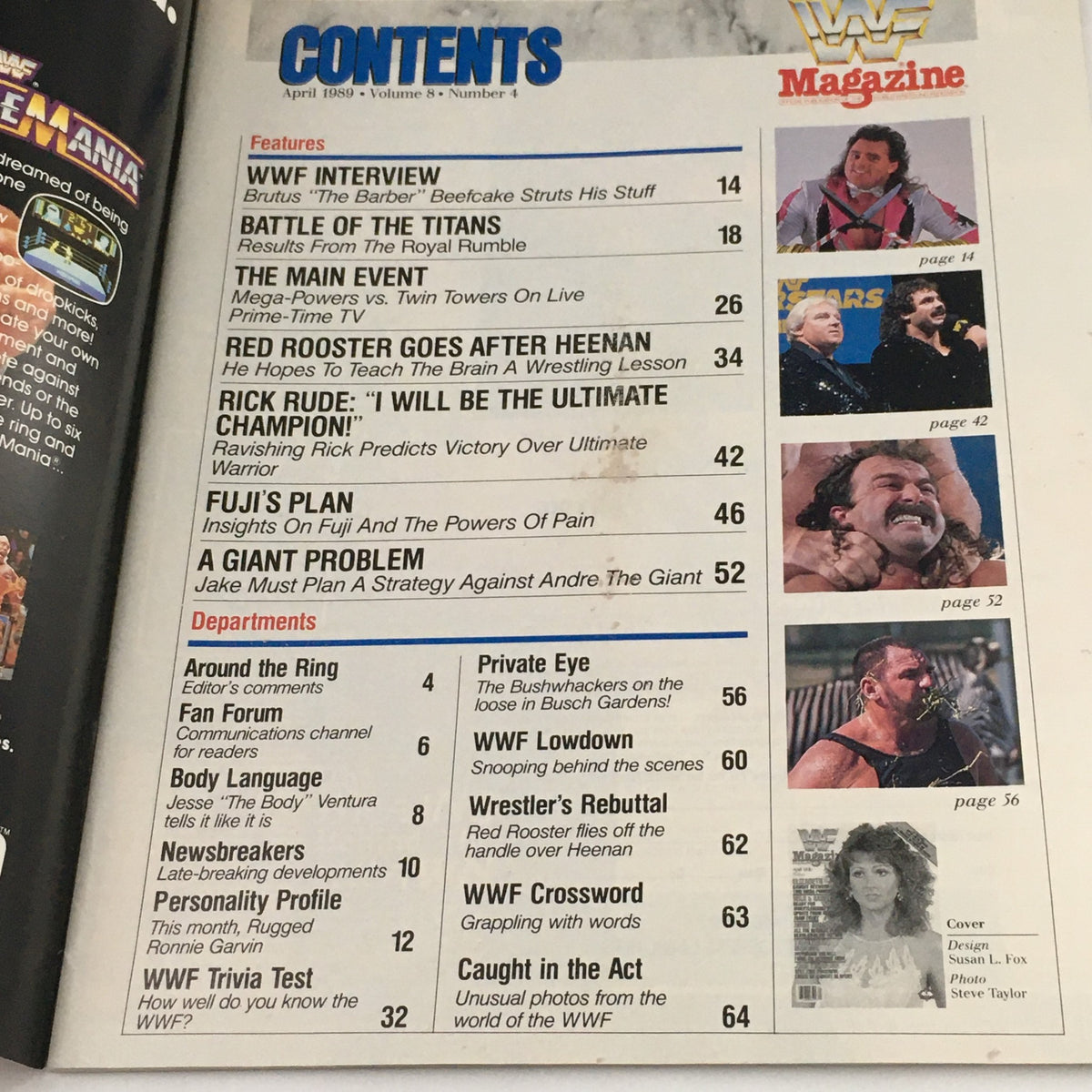 WWF Magazine April 1989 contents page featuring articles and features, including highlights on wrestlers like Hulk Hogan, Randy Savage, and Brutus 'The Barber' Beefcake.