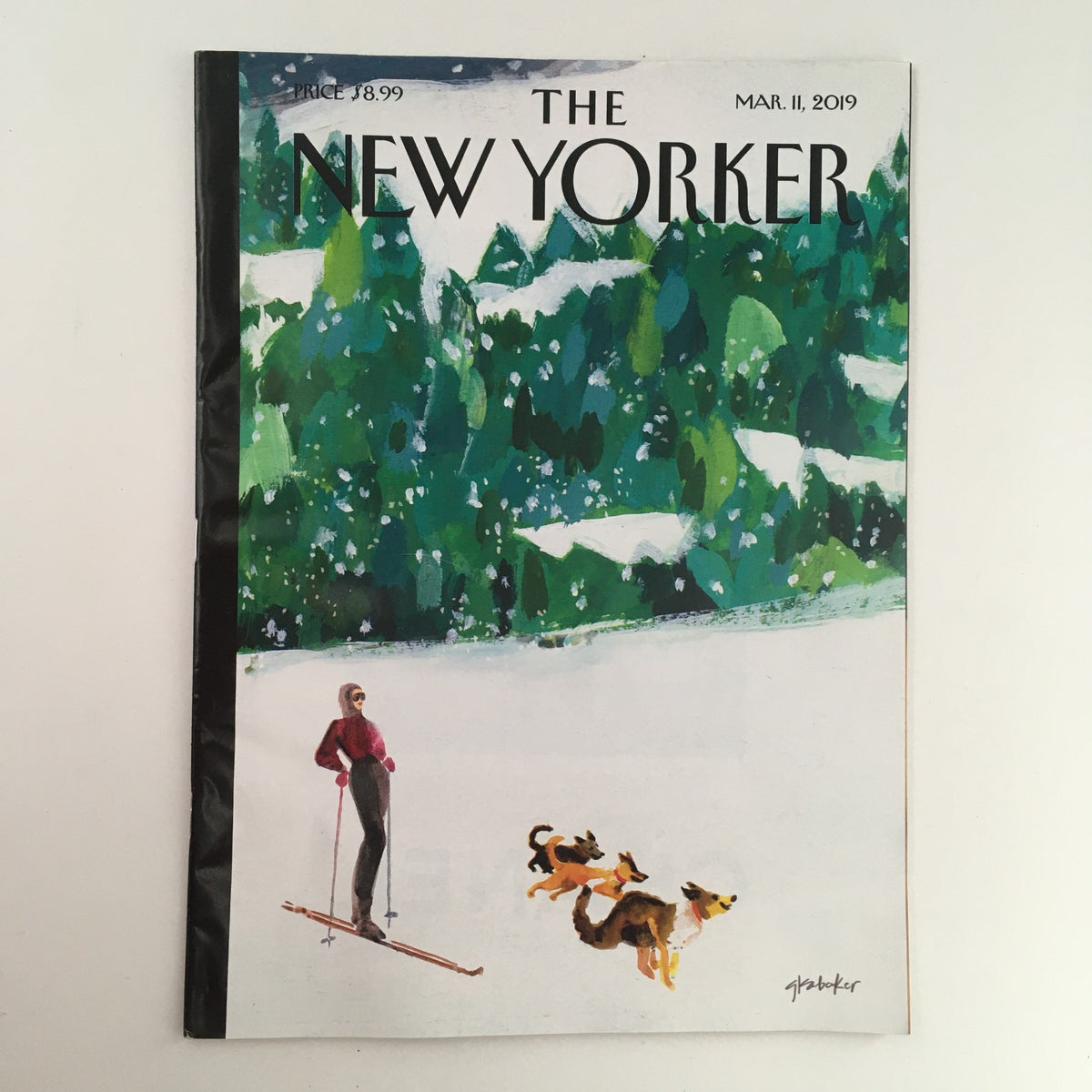 The New Yorker March 11 2019 Full Magazine Theme Cover by Gayle Kabaker featuring a snow scene with a skier and two dogs, capturing a moment of winter leisure.