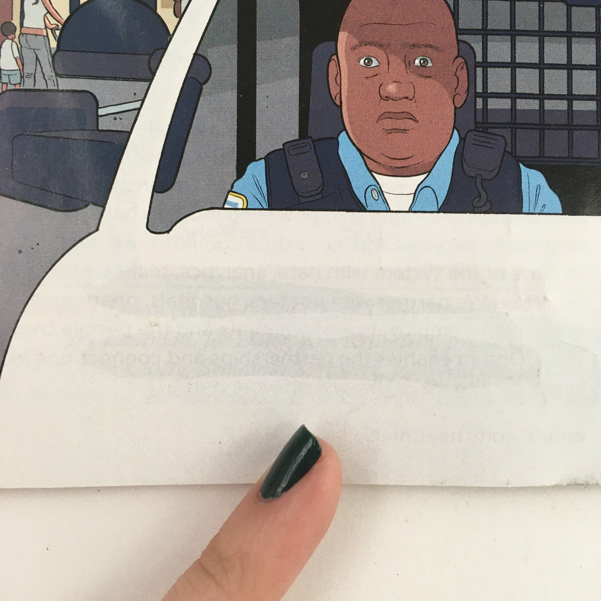 Close-up detail from The New Yorker October 3 2016, focusing on a character's face in the police vehicle, highlighting the artistry and emotional expression in Chris Ware's illustration.