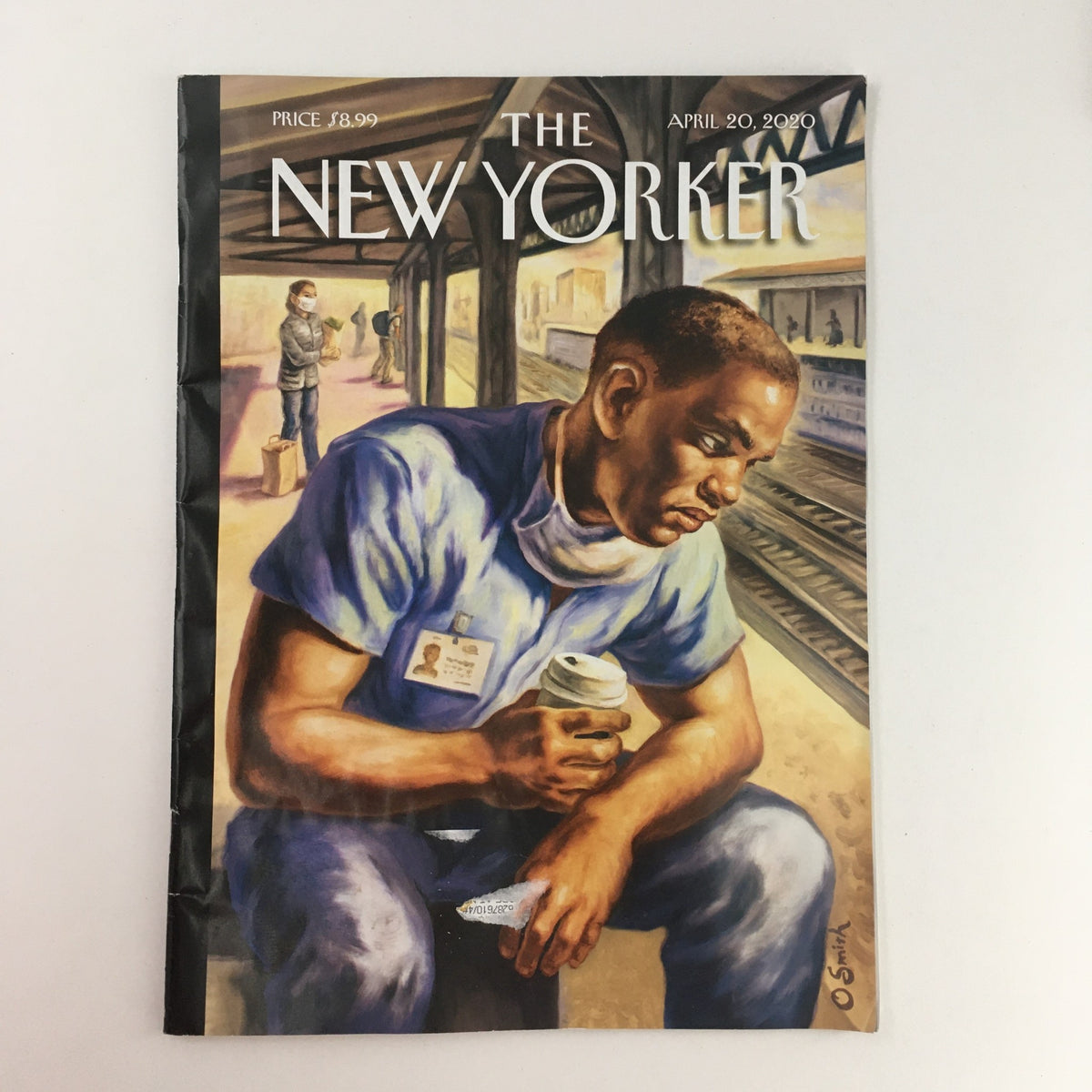 The New Yorker April 20 2020 Full Magazine Cover 'After Shift' by Owen Smith, featuring a contemplative man in a subway setting, symbolizing societal changes.