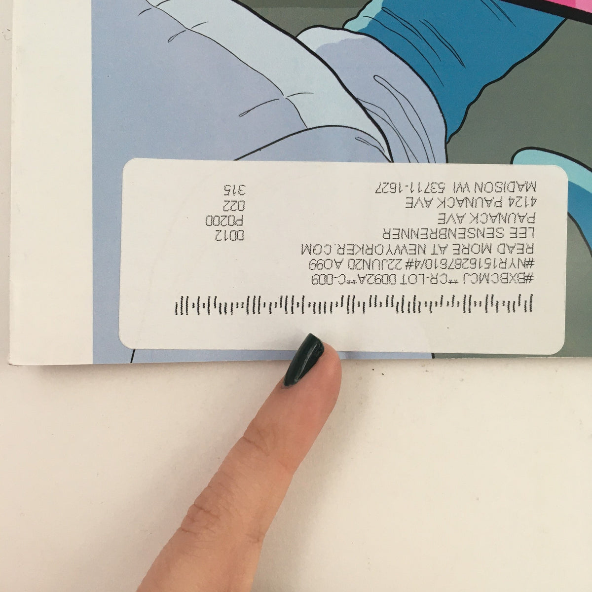 Close-up view of The New Yorker April 6 2020 magazine cover details, showing the magazine's printed barcode and publication information.