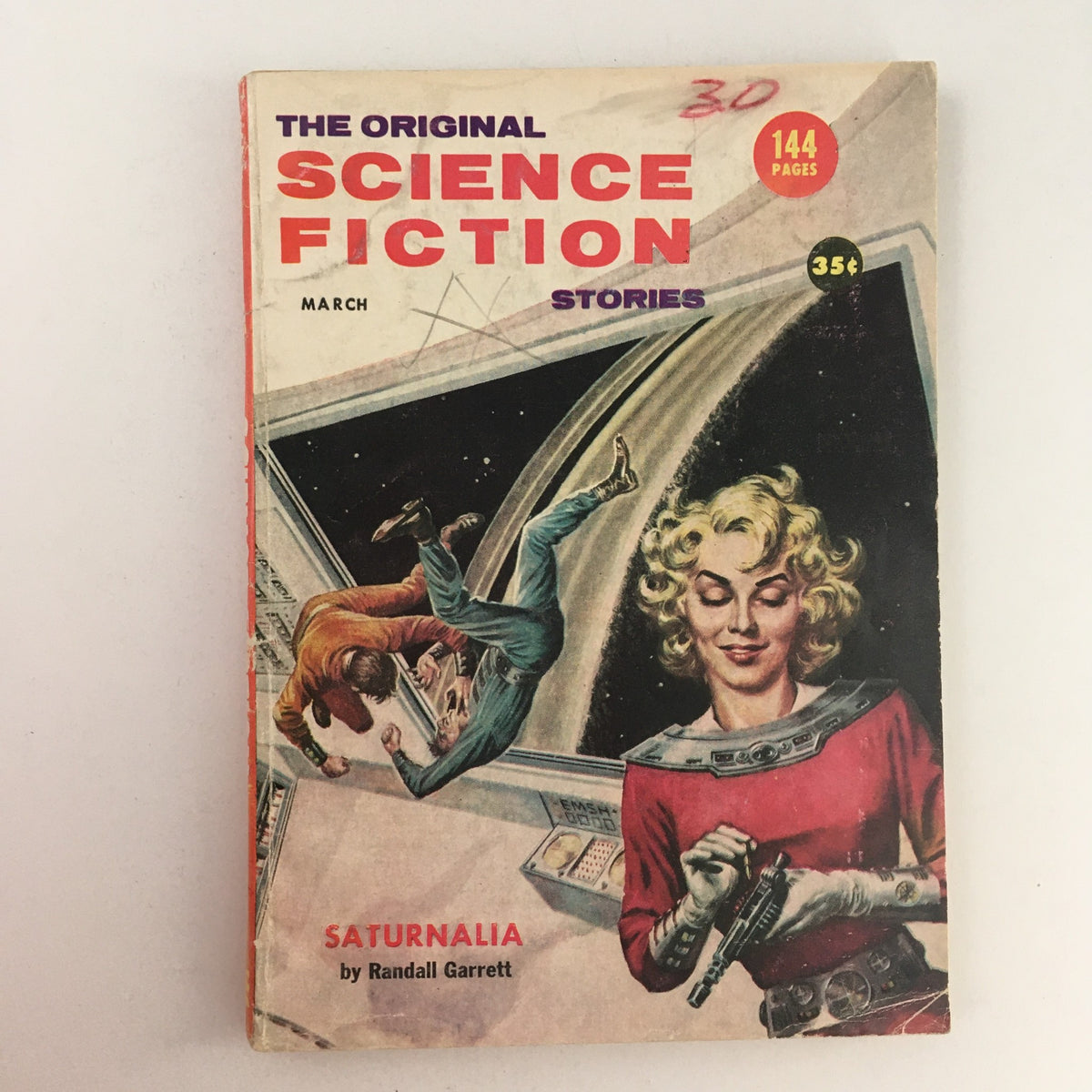 The Original Science Fiction Stories March 1957 magazine cover featuring the Saturnalia theme, showcasing unique space imagery and characters in action.