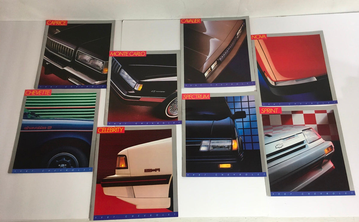 Lot of 8 1987 Chevrolet Caprice Cavalier Sedans Dealership Car Brochure Catalog featuring various models like Caprice, Monte Carlo, and more.