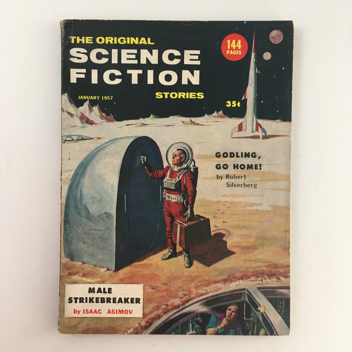Cover of The Original Science Fiction Stories magazine from January 1957 featuring the story Male Strikebreaker by Isaac Asimov, showcasing a space-themed illustration with an astronaut and a futuristic setting.