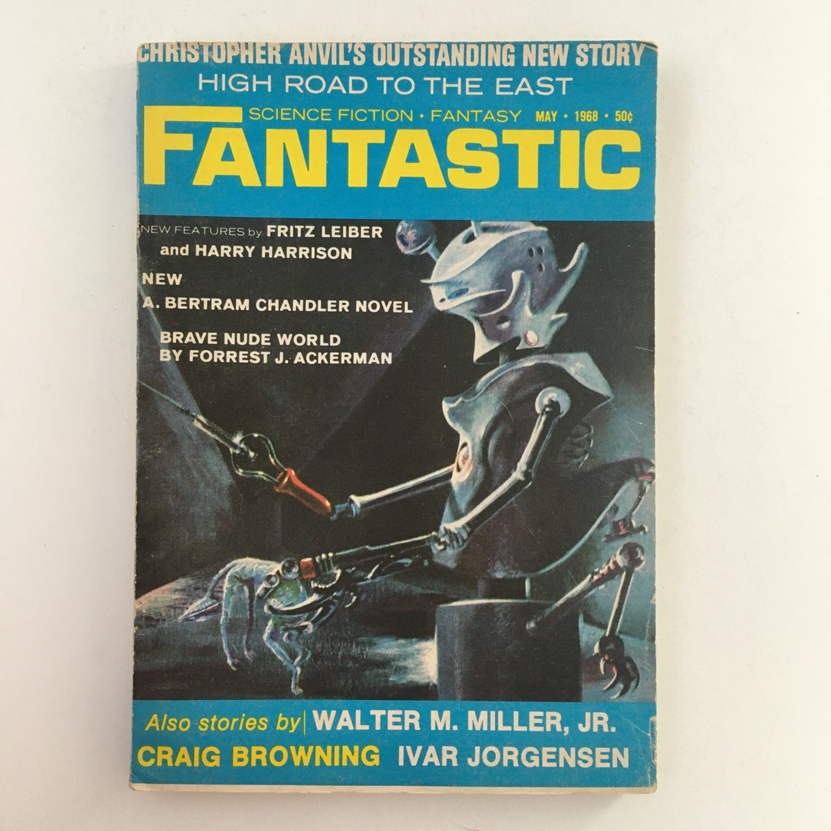 Cover of Fantastic Science Fiction & Fantasy Stories May 1968 featuring a robot illustration, highlighting stories by Fritz Leiber and others in a vintage magazine style.
