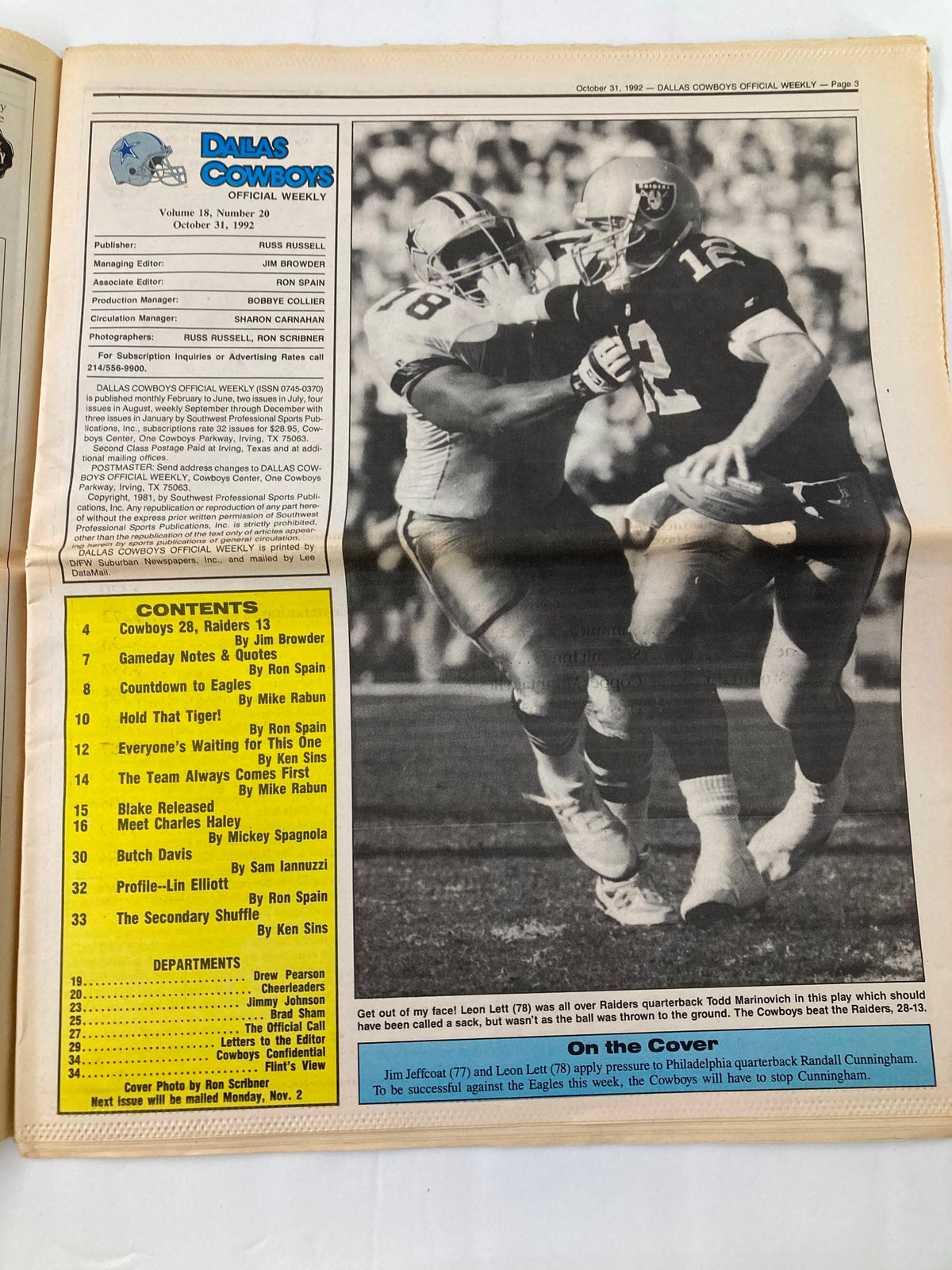 Inside page of the Dallas Cowboys Weekly newspaper October 31, 1992 showcasing an article with commentary on Leon Lett's performance against Todd Marinovich. This page includes contents and editorial details related to the Dallas Cowboys organization.